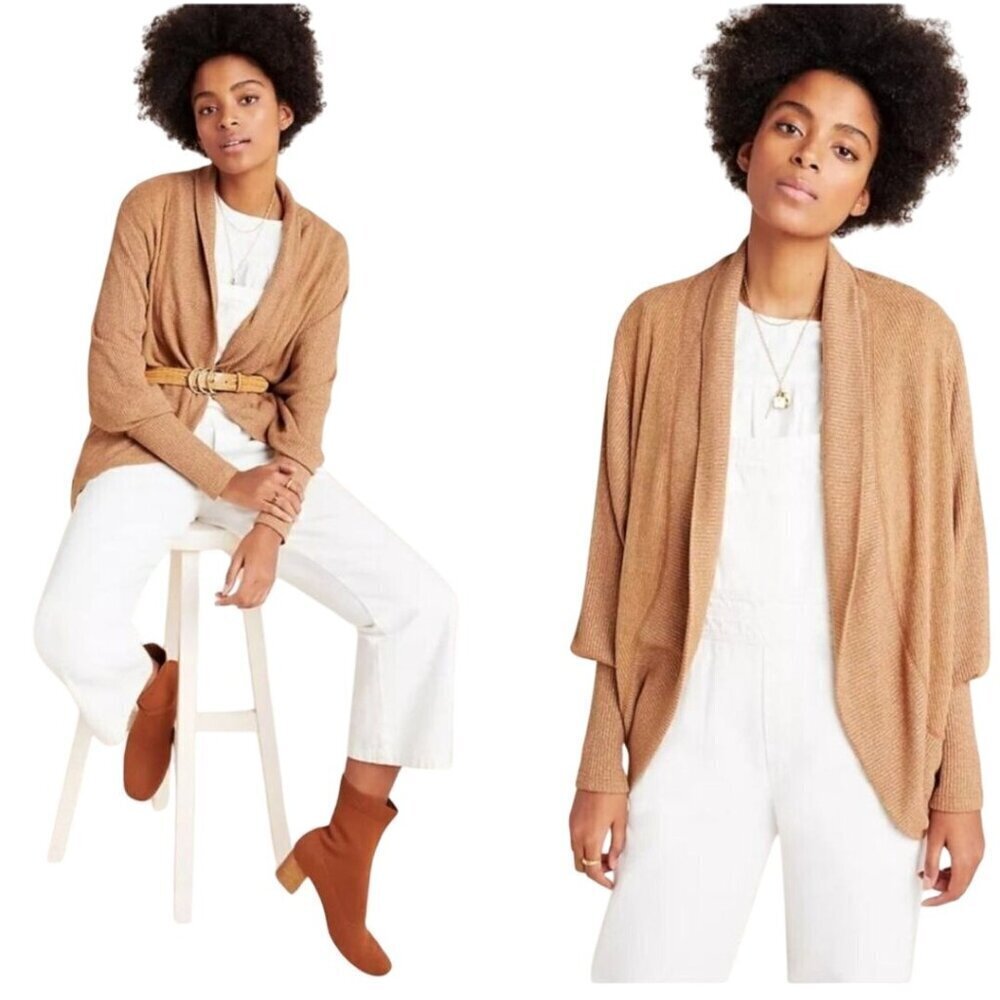 Anthropologie Maeve Ingrid Cocoon Cardigan Cedar Tan Ribbed Open Front Size M